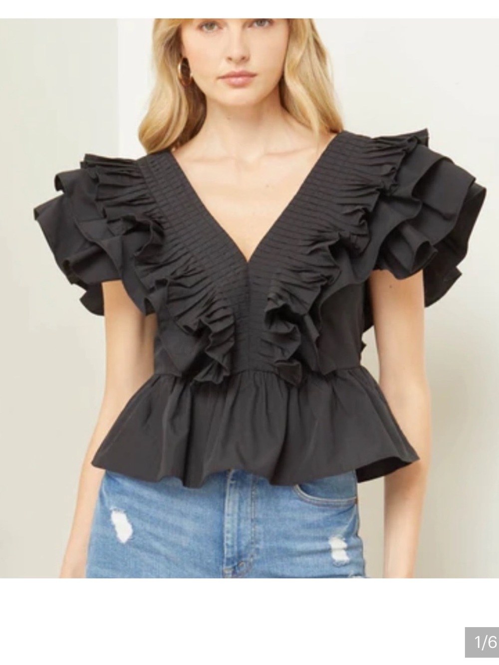 Strut and Bolt Black Ruffle V-Neck Top
